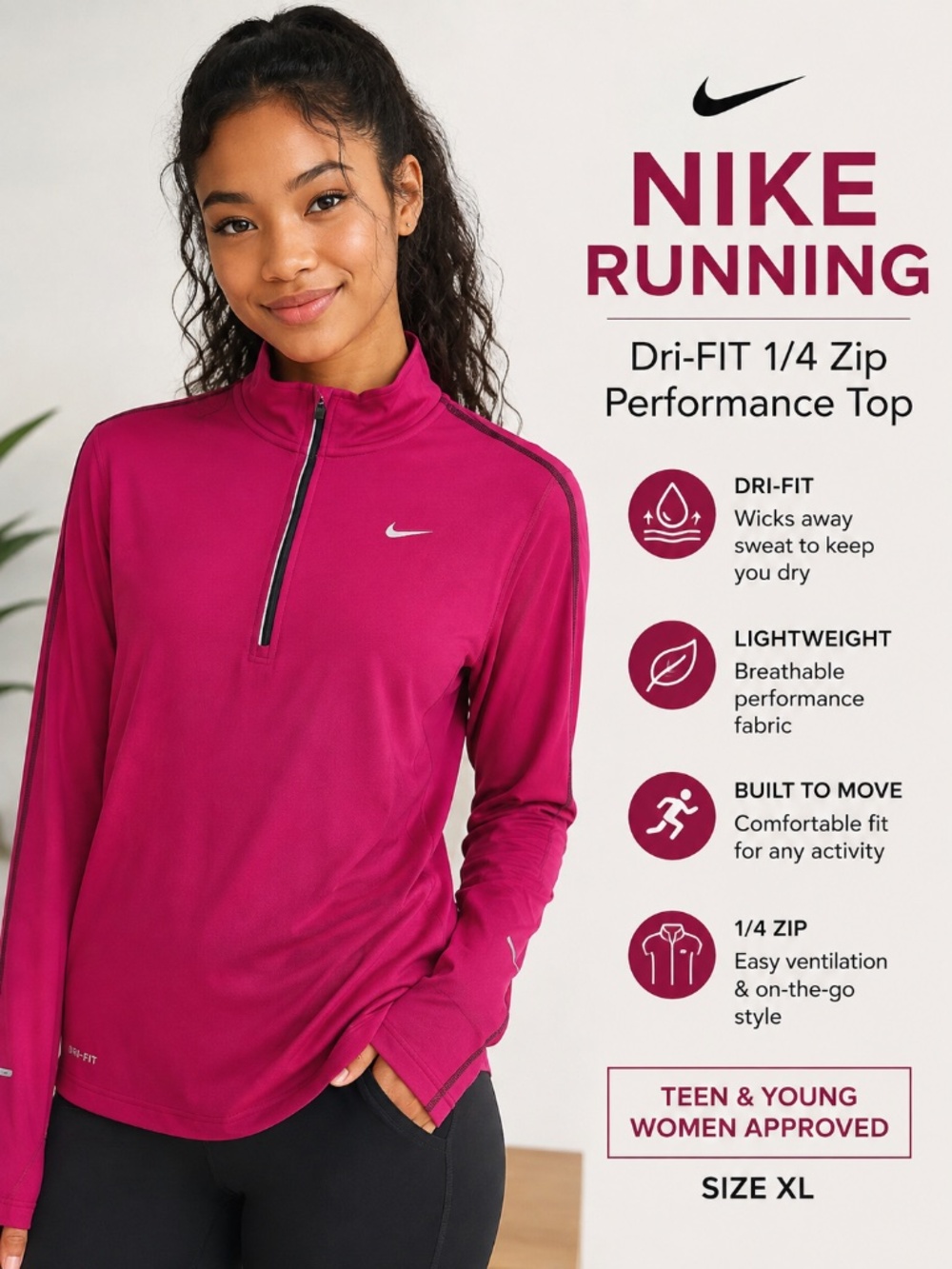 Nike Dri-FIT Running Pink Quarter Zip Long Sleeve Top XL